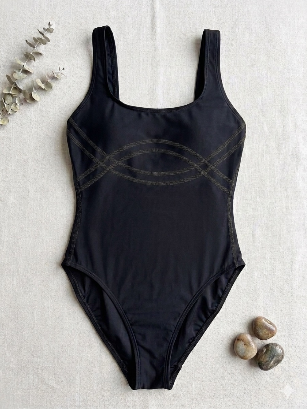 EVERYTHING BUT WATER Black Scoop Neck EBW Swimsuit Contour Stitching 6 NWT